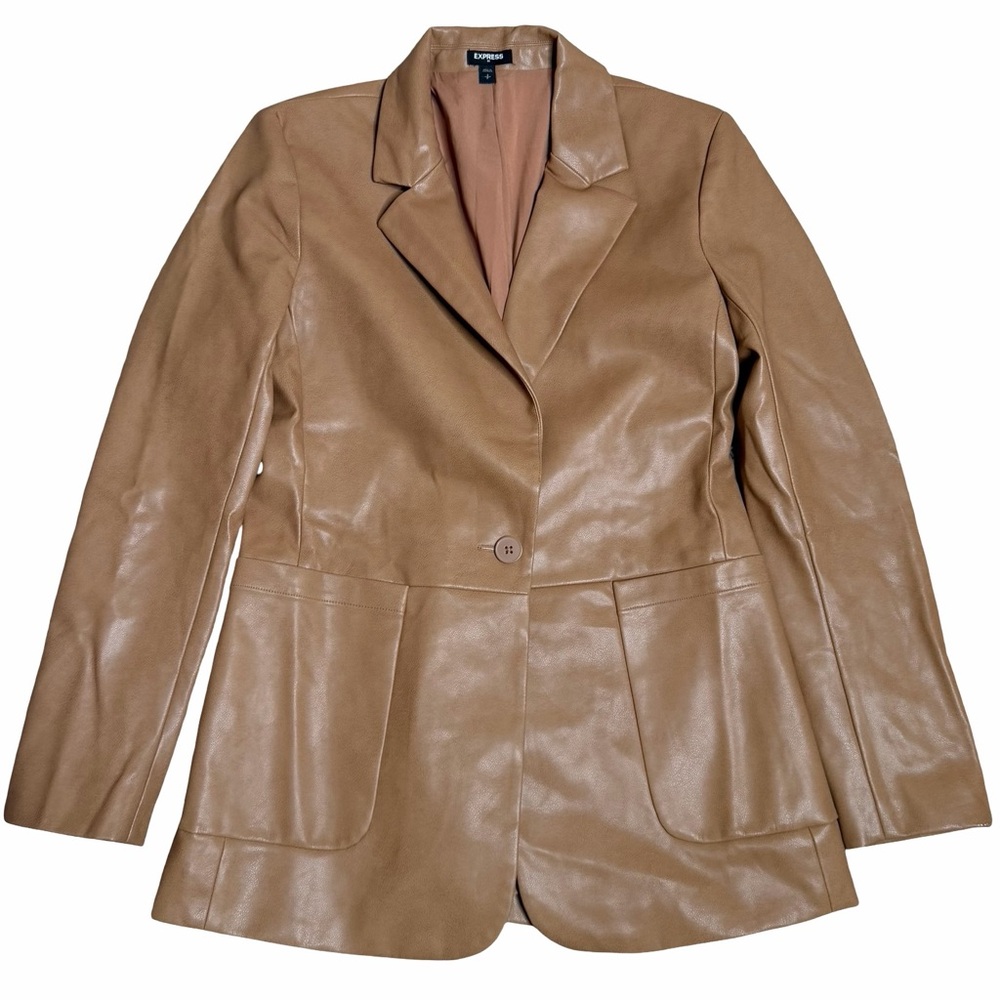 Express Camel Faux Leather Blazer Jacket Tan One Button‎ Size Small S/P